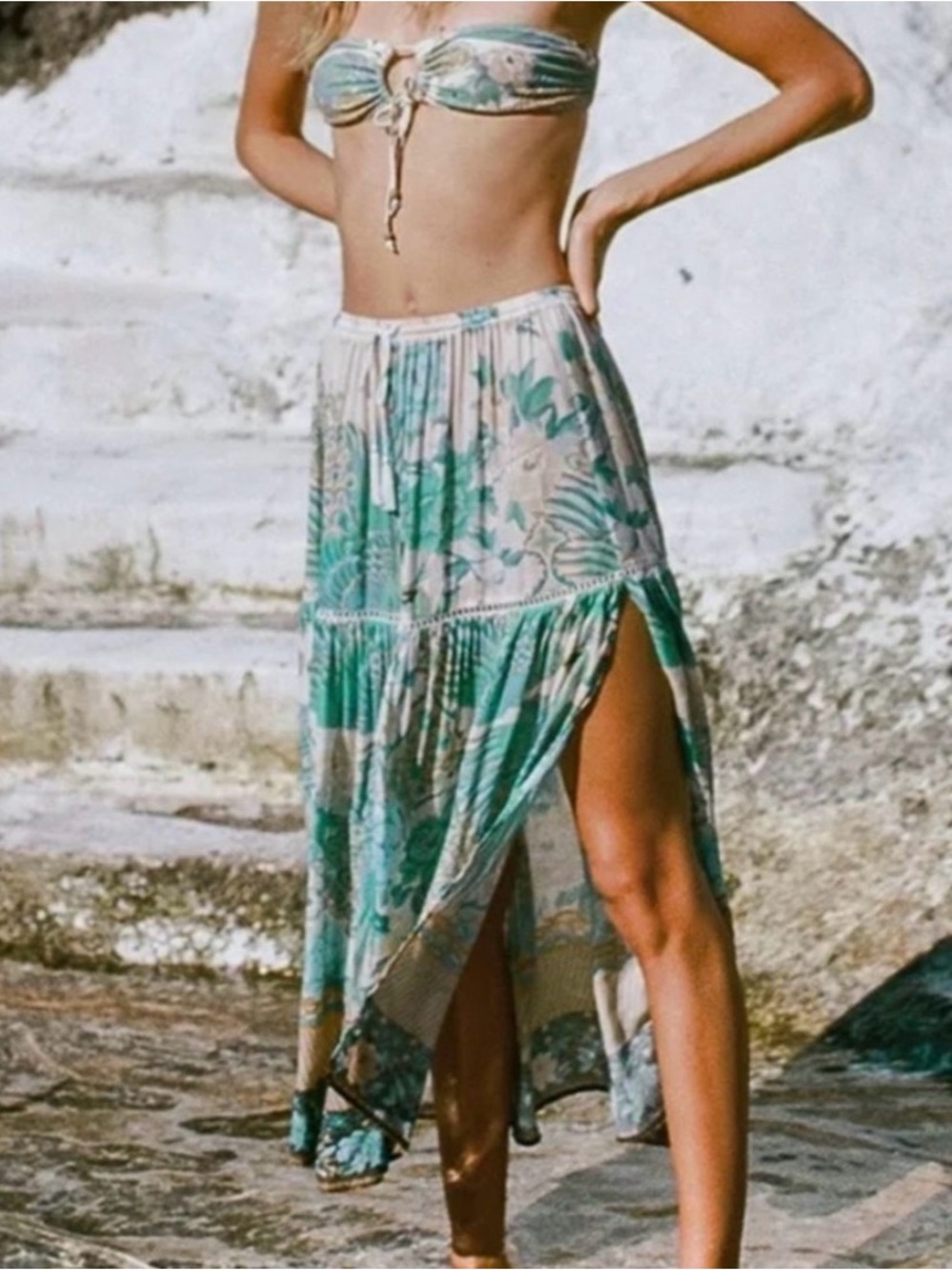 Spell Cloud Dancer Green Floral High-Low Maxi Skirt with Side Slit Large